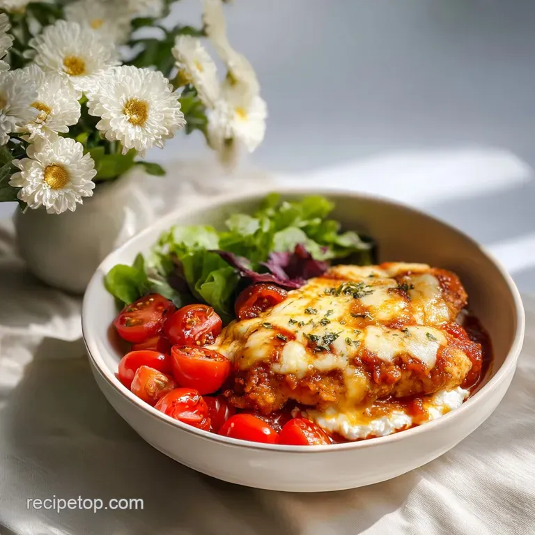 Close up of a spoonful of chicken parmesan with melted cheese being lifted out of a bowl of creamy cottage cheese and brig...