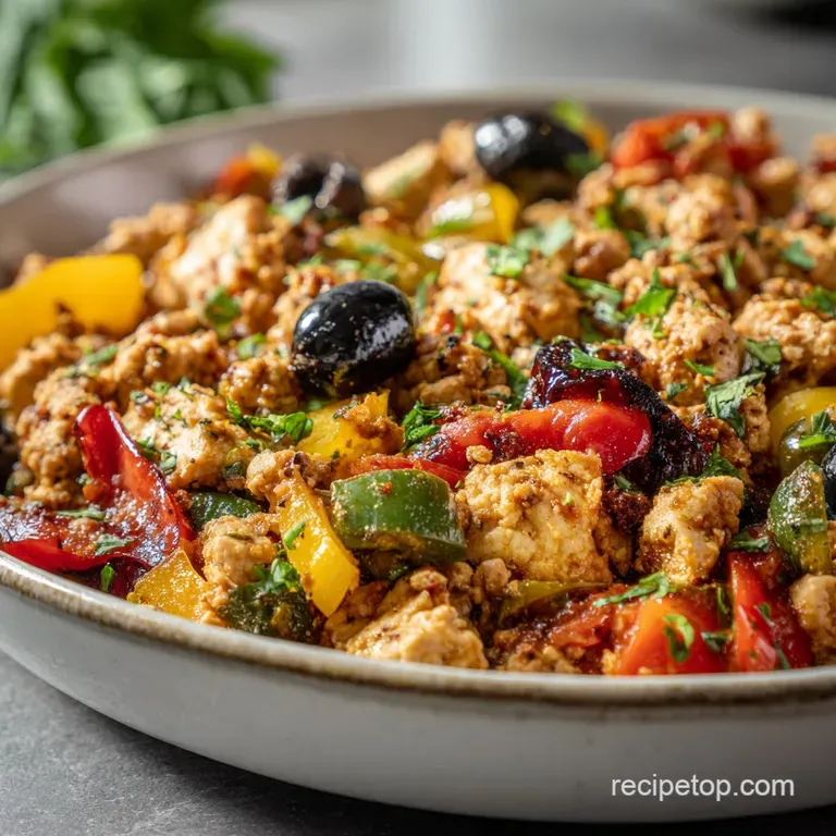 Plated Mediterranean chicken skillet. Fluffy couscous topped with juicy chicken and vegetables. Garnished with fresh herbs...