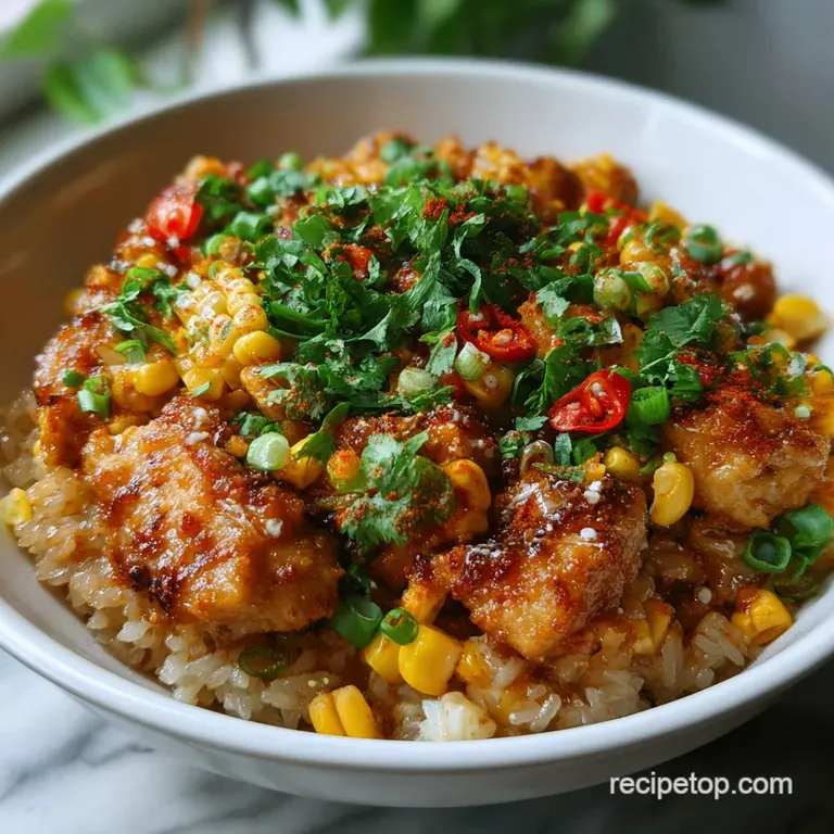A single serving bowl with bright yellow corn, juicy chicken, rice, and a swirl of white crema. Lime wedges and cilantro a...