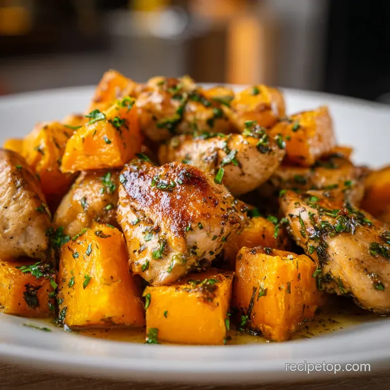 Neatly plated succulent chicken breast atop a smooth sweet potato puree, garnished with a sprig of fresh green parsley.