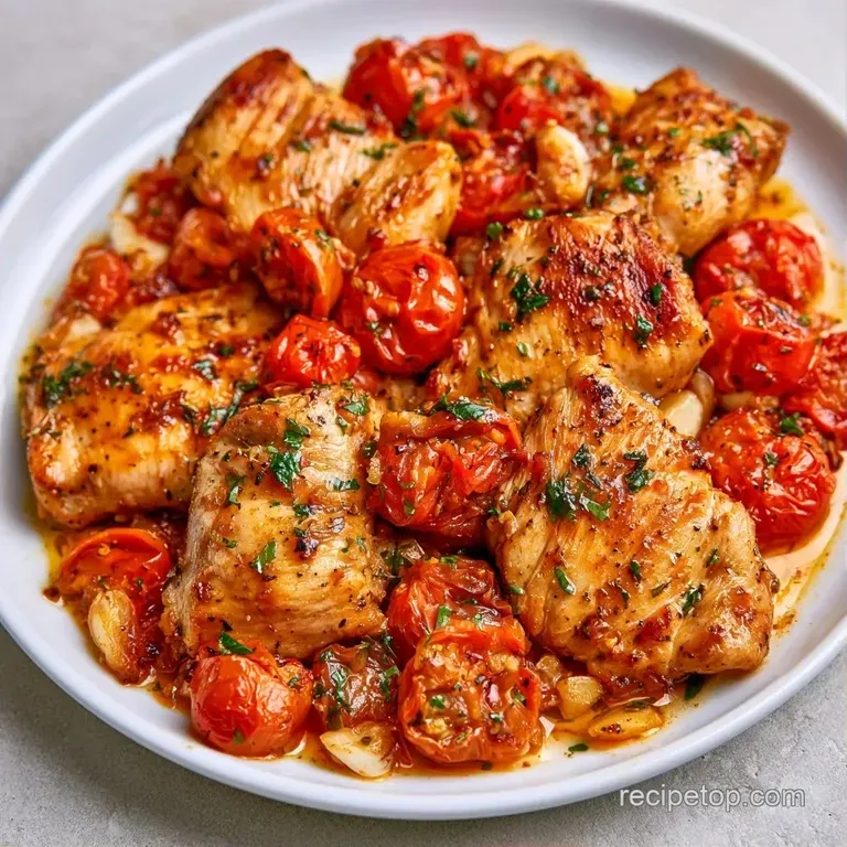 Seared chicken thighs on a white plate surrounded by glossy red cherry tomatoes and a drizzle of garlic oil.