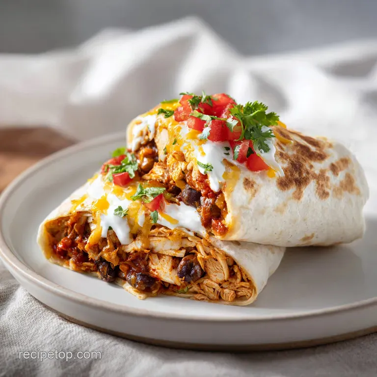 A perfectly rolled burrito cut in half, revealing tender chicken and colorful fillings on a rustic plate.