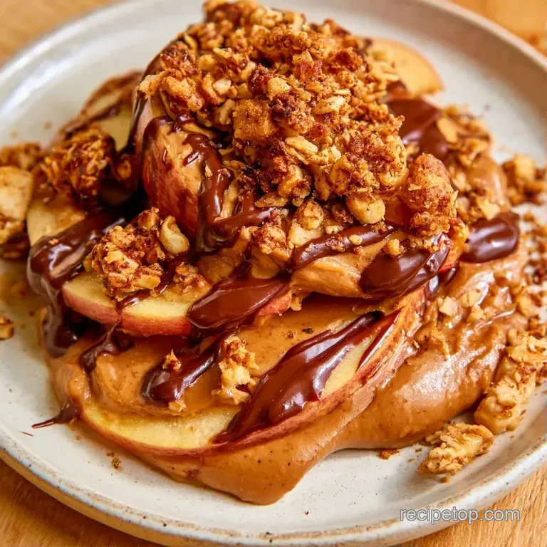 Symmetrically arranged apple wedges with swirls of tan peanut butter and glossy dark chocolate on a ceramic plate.