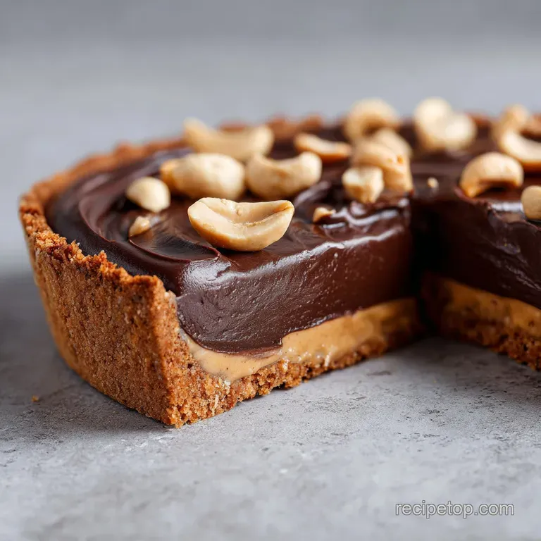 A rich slice of chocolate peanut butter pie, swirled with smooth peanut butter, elegantly presented.