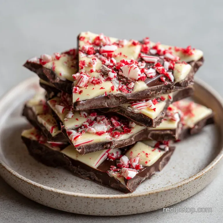 Neatly stacked layers of dark and white chocolate bark on a white ceramic plate with a sprig of fresh mint.