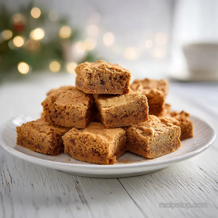 A neat stack of golden-brown M&M cookie bars dusted with powdered sugar on a white plate.