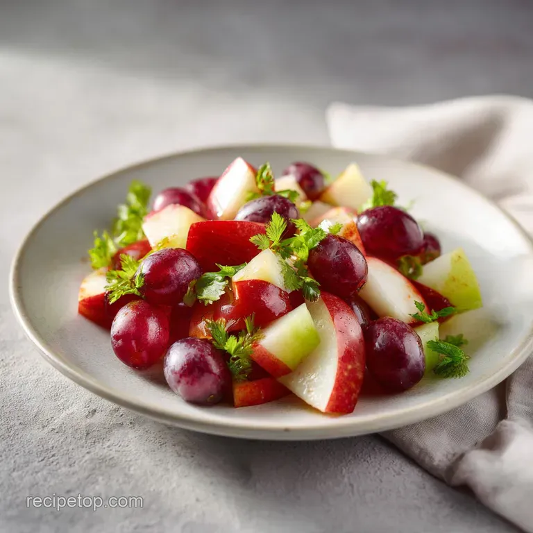 A rustic wooden bowl brimming with plump red grapes and crisp apple chunks, lightly dusted with cinnamon.