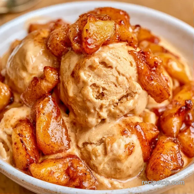 Two scoops of spiced cream in a glass bowl topped with a cinnamon stick and a thin, crisp apple slice.