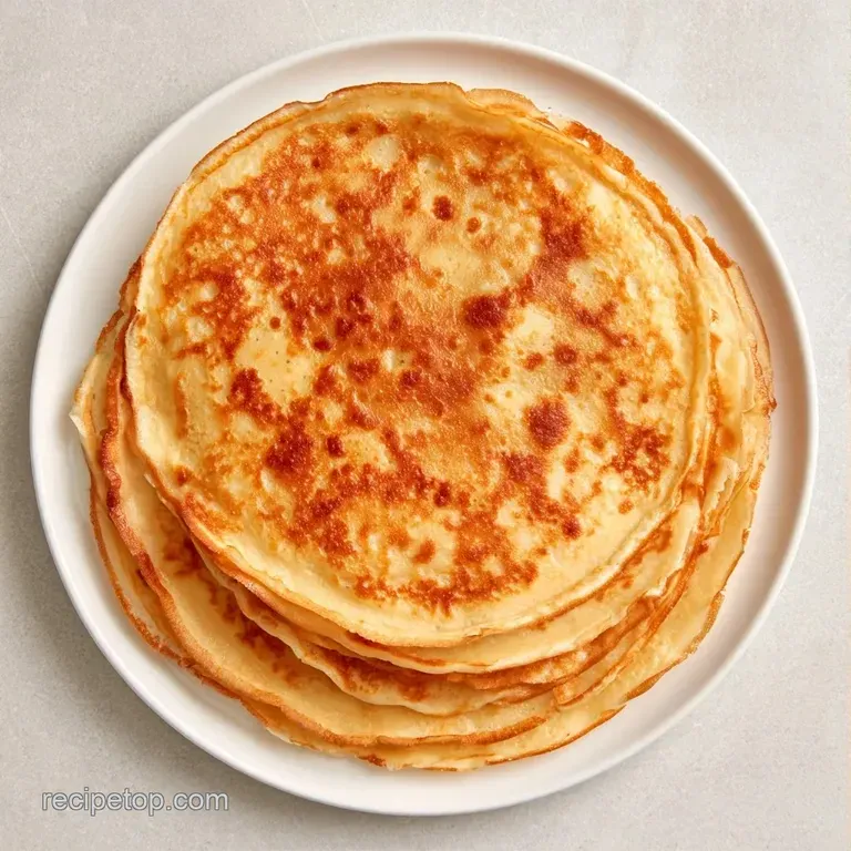 Elegantly folded thin golden pancakes stacked high, showcasing lacy browned edges and a soft, matte finish.