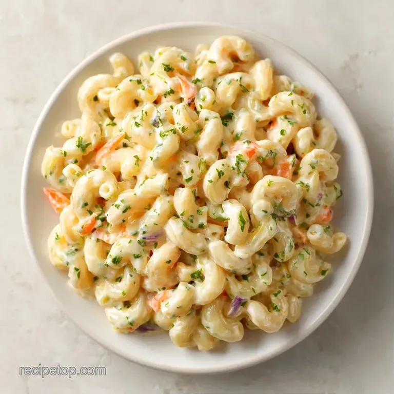 A chilled scoop of creamy pasta salad topped with fresh parsley, served on a sleek white ceramic plate.