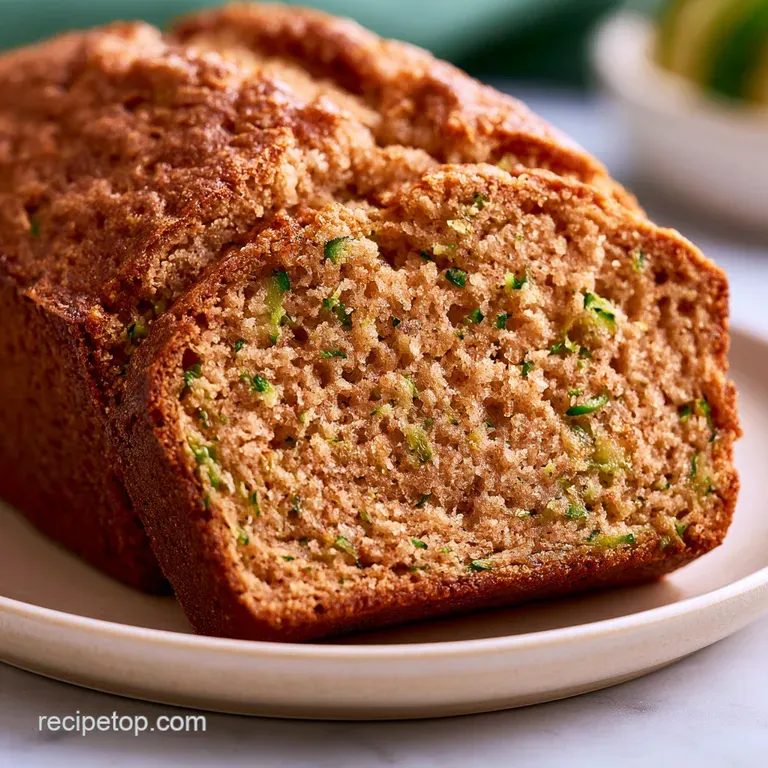 Golden-brown slice of moist quick bread on a white ceramic plate with a melting pat of butter and a linen napkin.