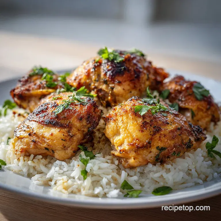 Velvety white rice topped with seared golden chicken and fresh green cilantro leaves on a minimalist grey plate.
