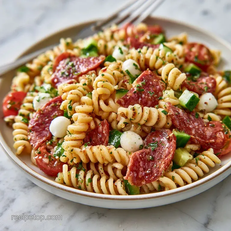 A vibrant medley of spiral pasta, red tomatoes, and creamy mozzarella pearls arranged on a white porcelain platter.