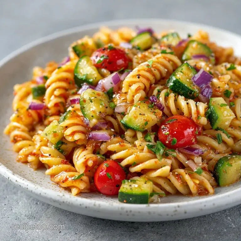 Vibrant pasta salad plated on a white ceramic dish, garnished with fresh parsley and a drizzle of golden oil