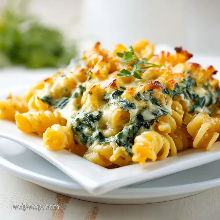 Scoop of cheesy baked pasta with vibrant green spinach, served on a white plate. Steam suggests warmth and deliciousness.