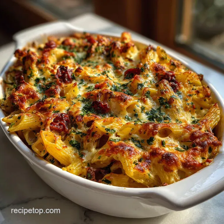 Individual portion of pasta bake with golden, bubbling top. Sprinkled fresh herbs & cracked pepper elevate a rustic, comfo...