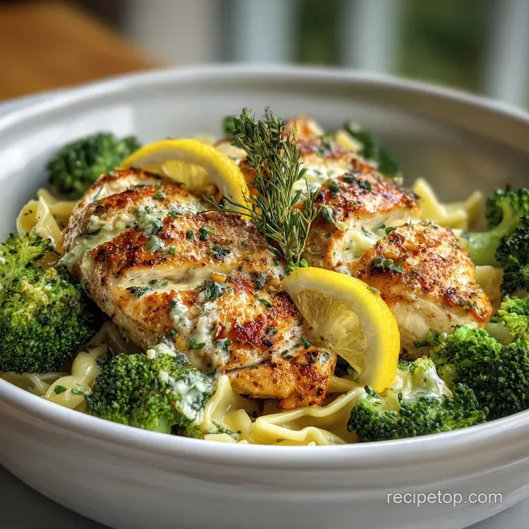 Perfectly plated chicken and pasta: glistening sauce, fresh herbs, and charred lemon enhance the dish's visual appeal.