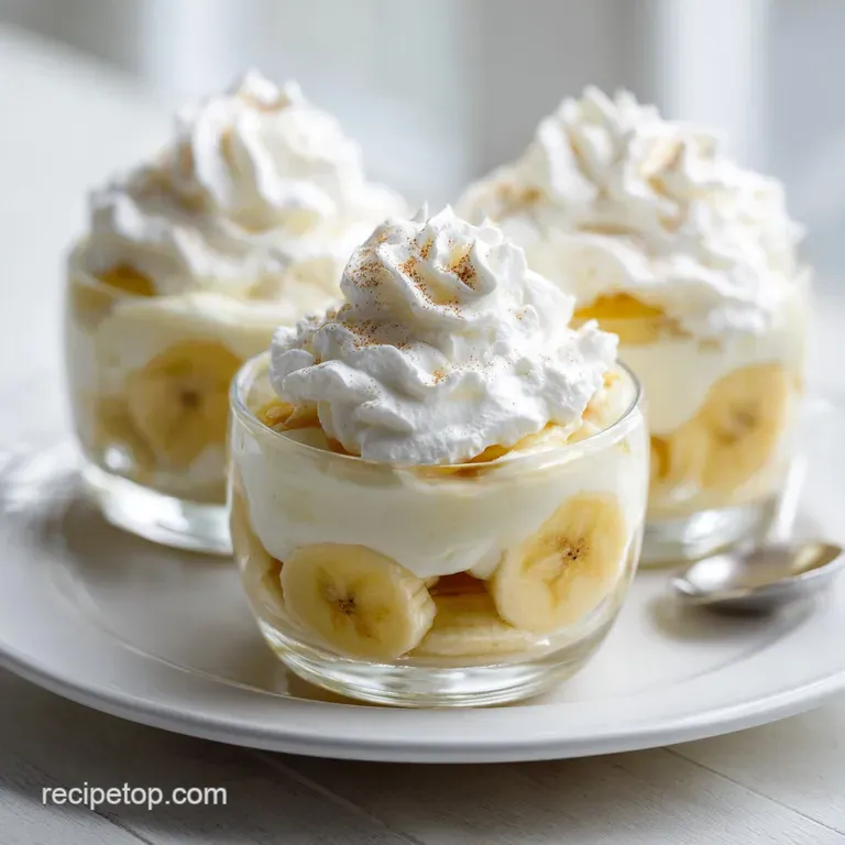 Individual glass cups showcase layers of pale yellow pudding, bright yellow banana, and golden wafers, crowned with toaste...
