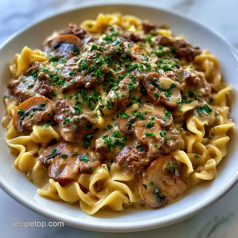 Sliced beef in a rich, velvet brown sauce served in a white bowl atop swirling golden noodles with a sprig of parsley.