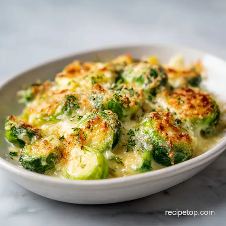 A spoonful of cheesy Brussels sprouts au gratin is lifted, revealing its creamy interior and toasted golden crust. Parsley...