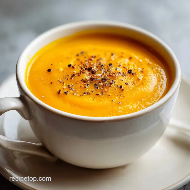 Velvety orange soup in a modern bowl garnished with toasted seeds and a drizzle of olive oil on a rustic tray.