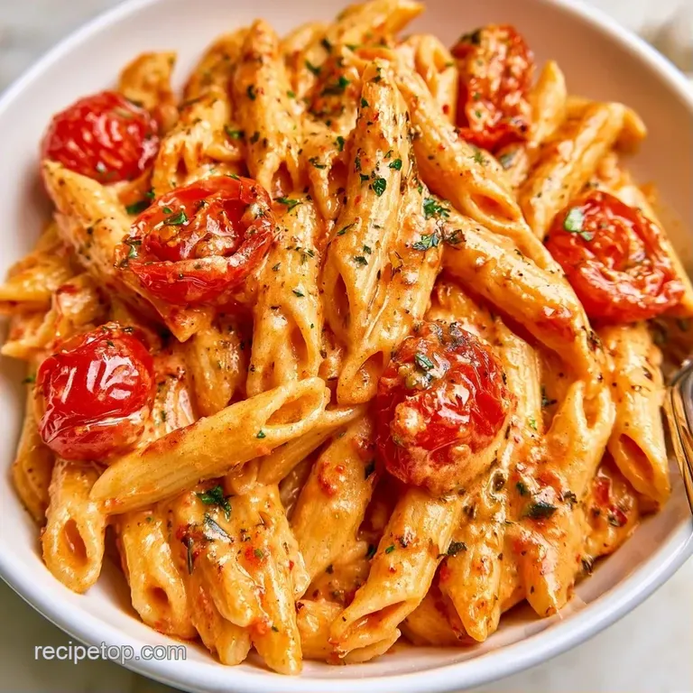 Elegant swirl of pasta coated in a smooth tomato cream sauce, garnished with bright green basil and parmesan.