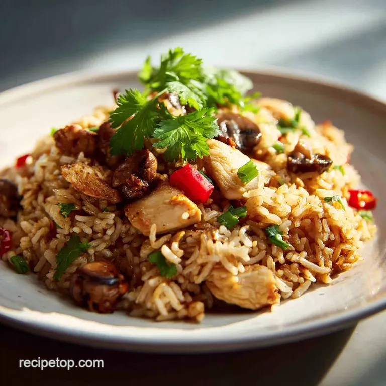 Elegant plate of creamy chicken and mushroom rice, garnished with fresh parsley. Steaming, appetizing.