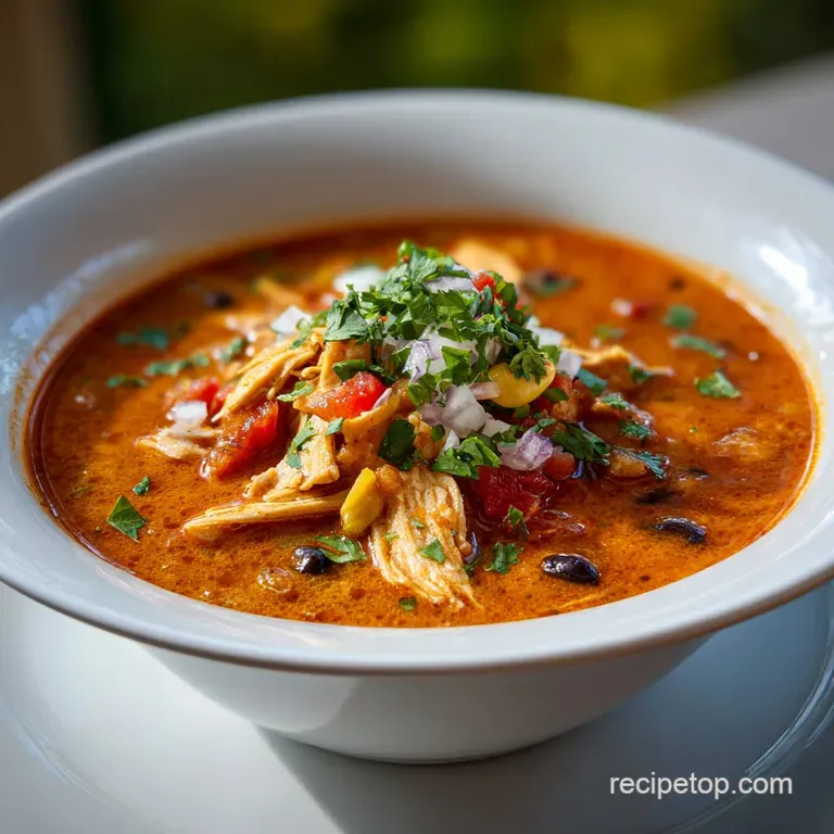 A steaming bowl of chicken taco soup, topped with a swirl of creamy sour cream and a sprinkle of cilantro.