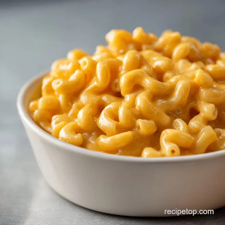 A scoop of gooey macaroni and cheese in a white bowl, garnished with fresh parsley on a marble tabletop.