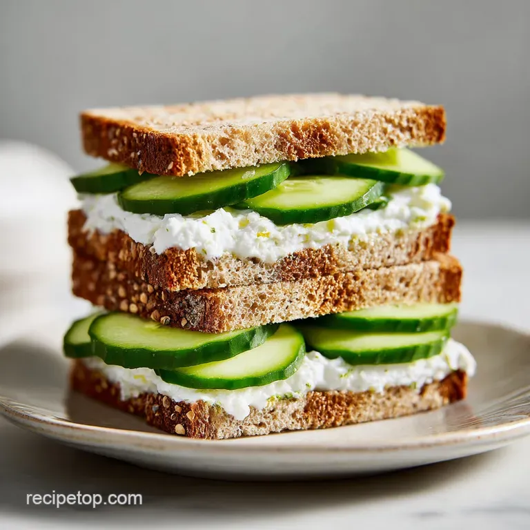 A delicate cucumber sandwich quarter on a white plate. Notice the creamy layers, fresh green cucumbers, and thinly sliced ...