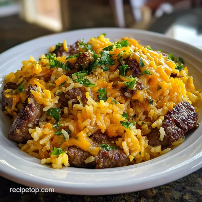Tender beef and cheddar served over fluffy rice, drizzled with buttery garlic sauce, garnished with fresh herbs, a simple ...