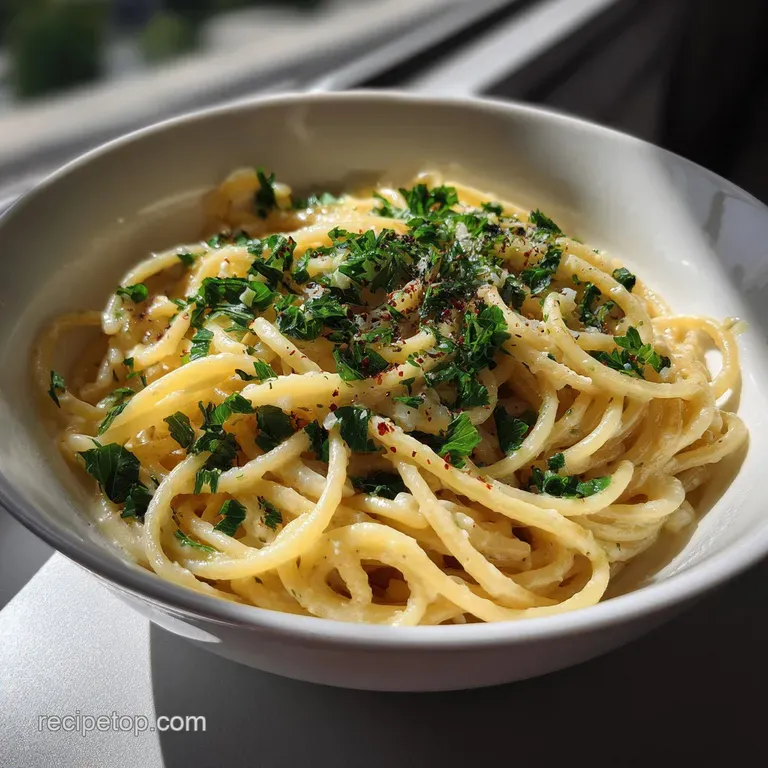 Elegant swirl of buttered pasta on a white plate, sprinkled with fresh herbs. Steam rises, promising warmth and flavor.