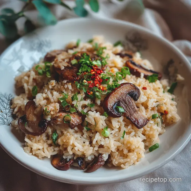 Elegant plate of mushroom rice, topped with saut&eacute;ed mushrooms and thyme sprigs, steam gently rising, hinting warmth.