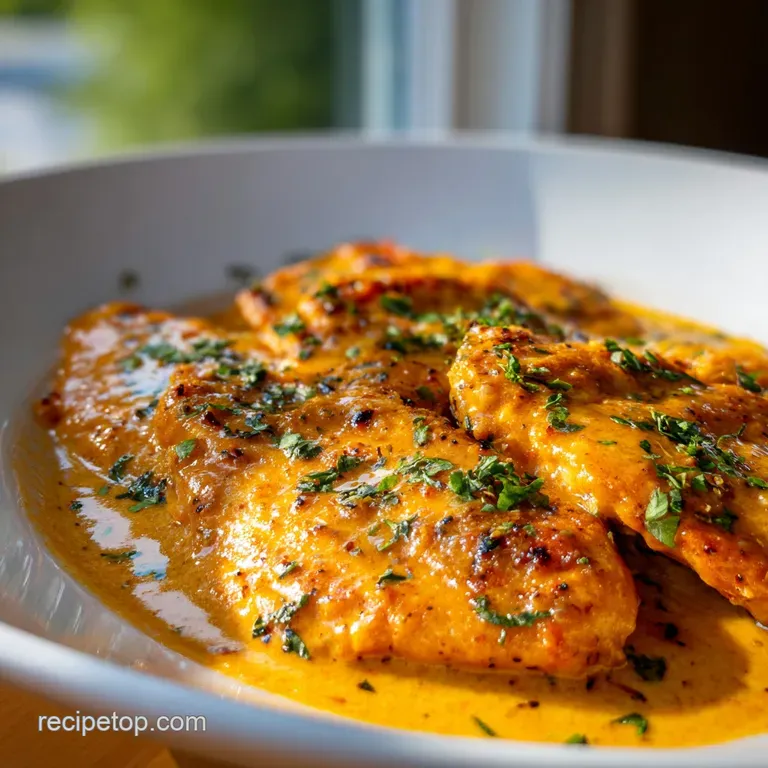 Pan-seared chicken breasts in a rich garlic cream sauce, plated elegantly with a sprig of fresh thyme and black pepper.