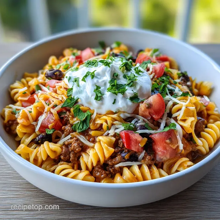 Creamy taco pasta twirled on a plate, showcasing the rich sauce & textured ground beef, garnished with fresh green cilantro.