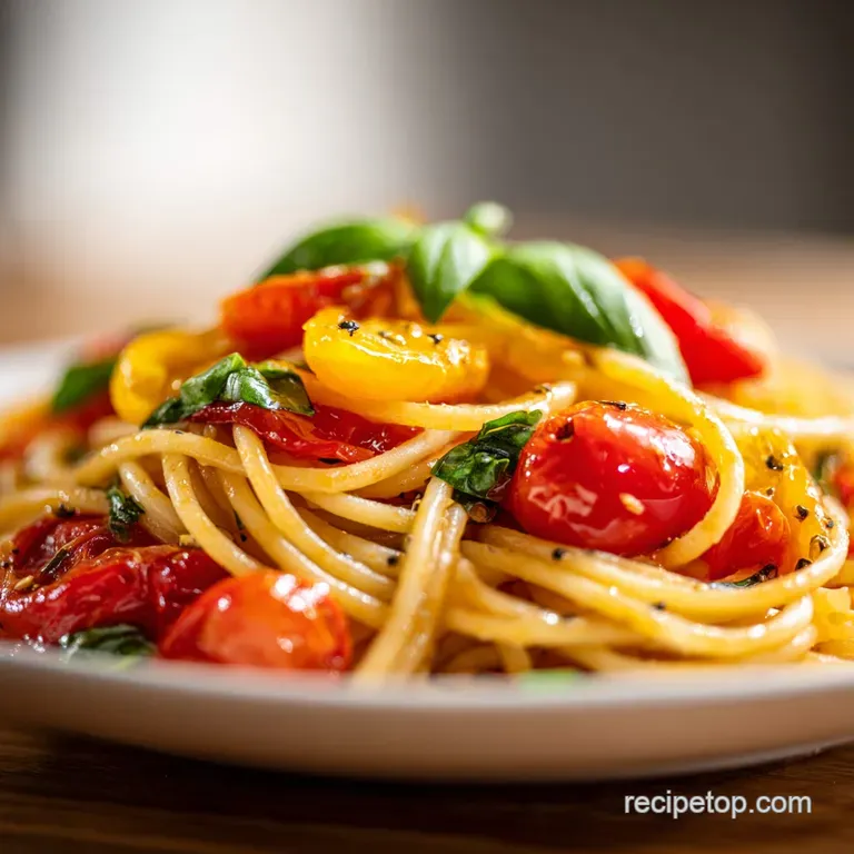A rustic bowl overflowing with vibrant tomato pasta, glistening with creamy sauce and a sprig of basil.