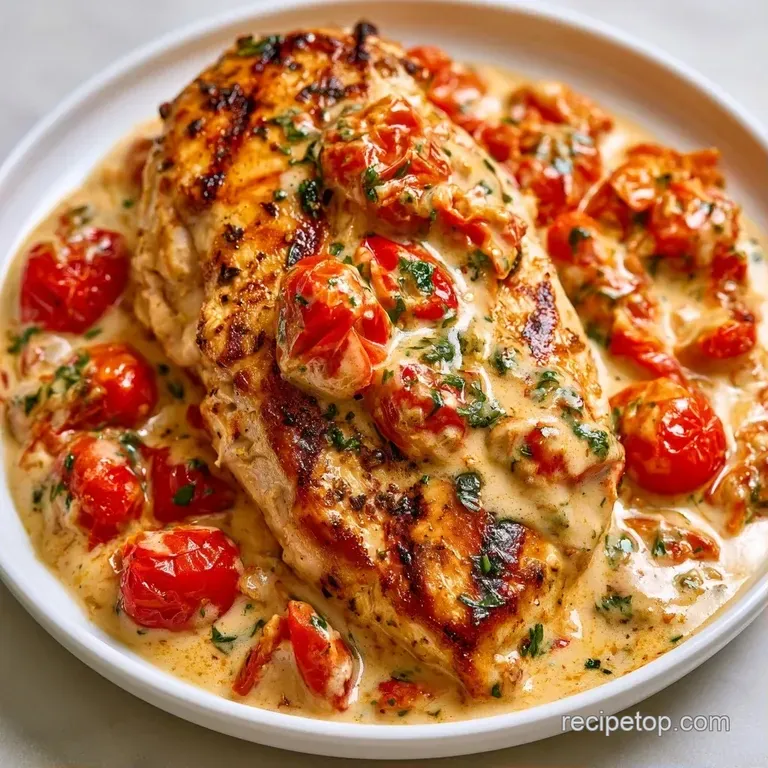 Seared chicken breasts resting in a rich cream sauce with bright spinach and red tomatoes on a white ceramic plate.