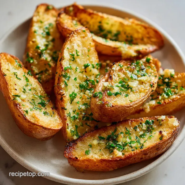 Crispy garlic butter potatoes artfully arranged on a rustic wooden board, glistening.