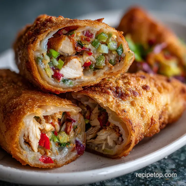 A single Southwest chicken egg roll, cut open, revealing a vibrant, savory filling with colorful flecks and a creamy sauce.
