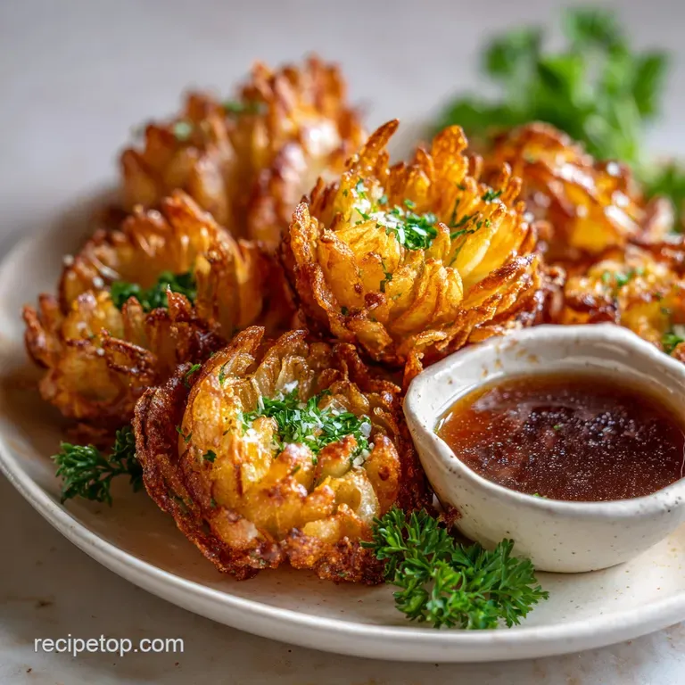 Elegant arrangement of mini blooming onions, their fried edges a tempting golden hue, alongside a ramekin of cool, white d...