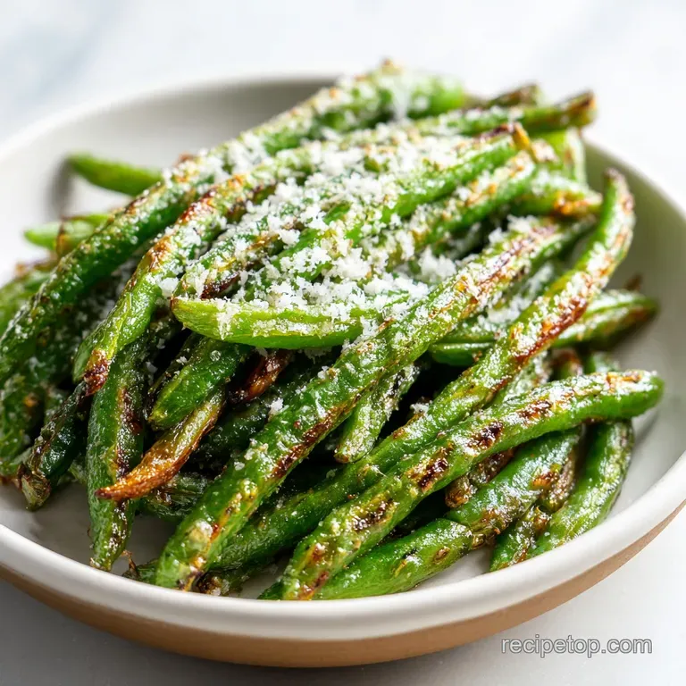 Pile of vibrant green air fryer green beans coated in golden Parmesan; delicious and ready to be served from a white bowl.