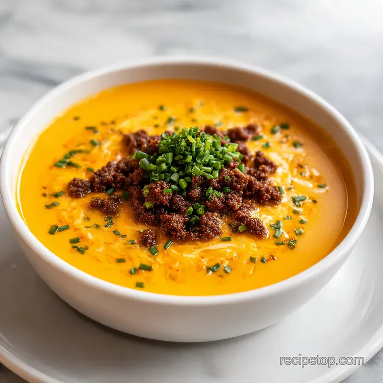 Thick, velvety cheese soup served in a white bowl with toasted sourdough bread and a sprinkle of fresh parsley.