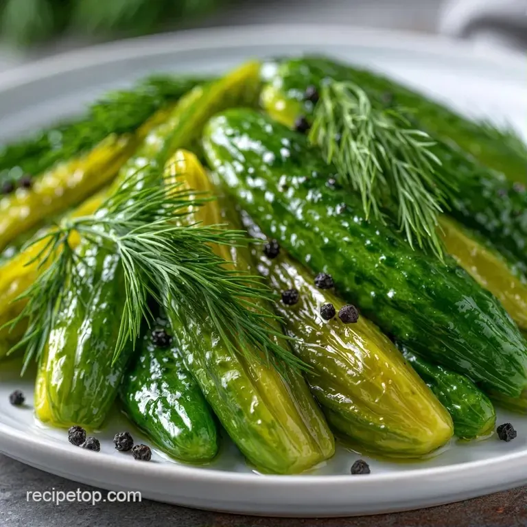 Chilled, vibrant green cucumber spears arranged on a white ceramic platter with scattered dill and peppercorns.
