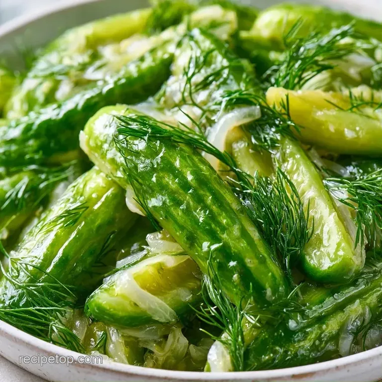 Vibrant green cucumber slices arranged on a ceramic platter, garnished with fresh dill and whole peppercorns.