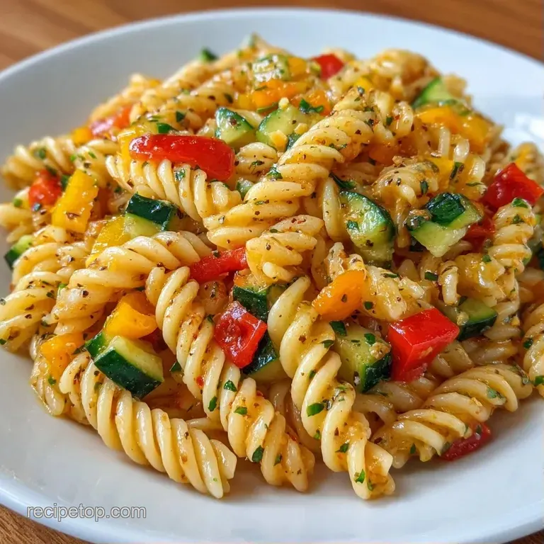 Brightly colored pasta and crisp vegetables arranged in a modern white bowl with a light, shimmering glaze.
