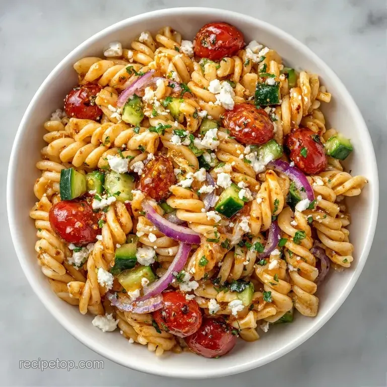 Colorful pasta medley in a white ceramic bowl, topped with crumbled feta and fresh herbs on a light linen cloth.