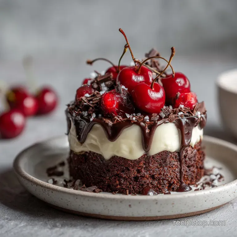 A slice of rich chocolate cake, adorned with whipped cream, cherries, and chocolate shavings.