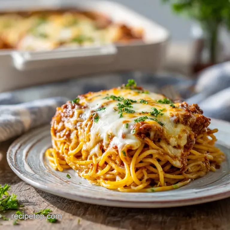 A generous scoop of creamy baked spaghetti on a white plate, topped with fresh parsley.