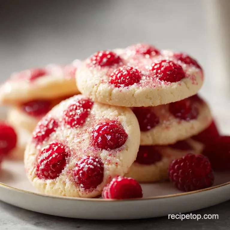Stack of three delicate raspberry cookies with a sugary sheen, beside fresh raspberries and a sprig of mint on a white plate.