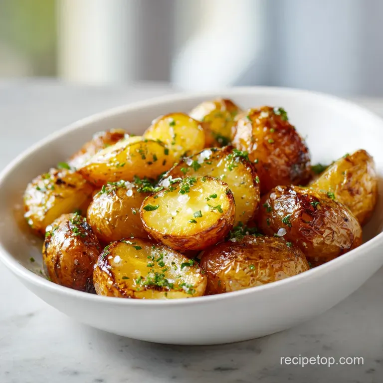 An elegant plate showcasing fluffy, roasted potato pieces with a vibrant green herb garnish.